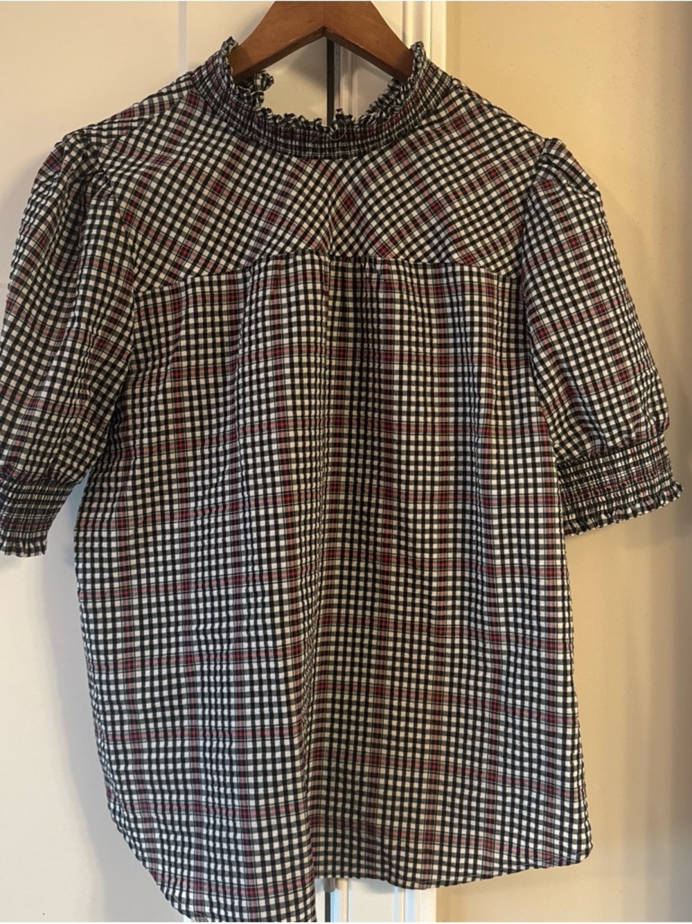 LOFT Black & White Checked Puff Sleeve Blouse with Red Windowpane